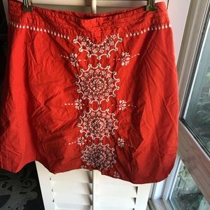Anthropologie Red Embroidered A-Line Skirt